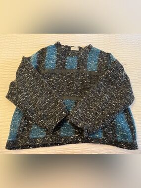 Allen Wah Blue, White and Black Textured Crewneck Sweater. Size XL. Vintage 90s